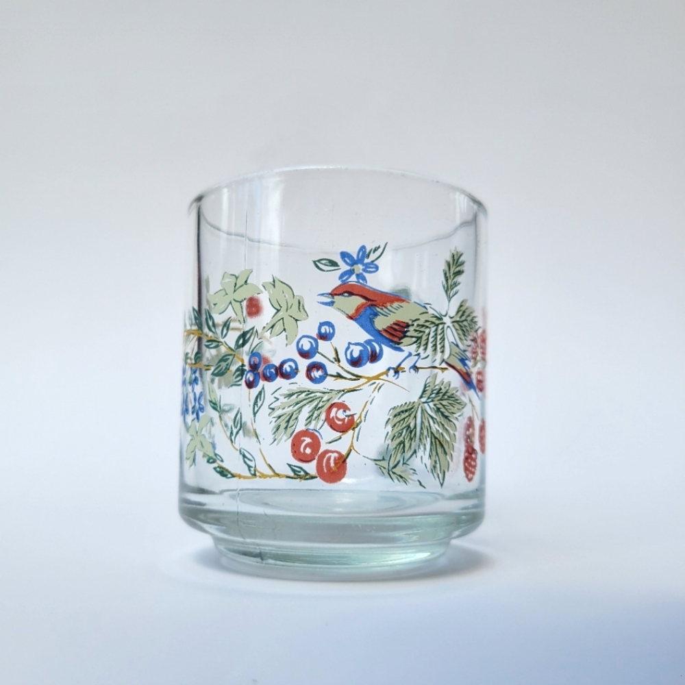 Vintage Glass Mug with Bird and Berry Design